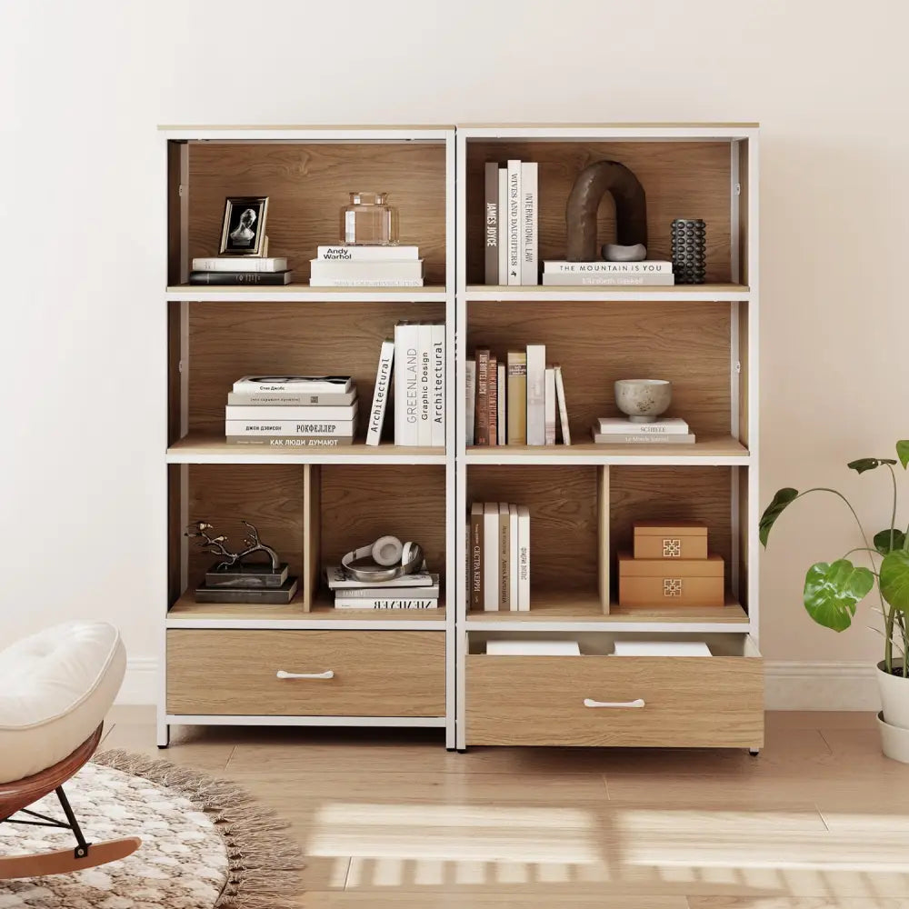 56’’ Tall Freestanding Bookcase with Drawer 5 Tier-Natural - Natural - Bookcases