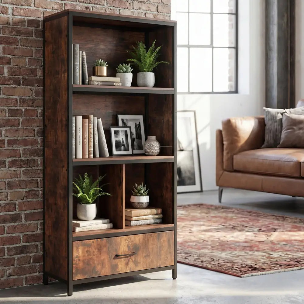 56’’ Tall Freestanding Bookcase with Drawer 5 Tier-RusticBrown - Rustic Brown - Bookcases