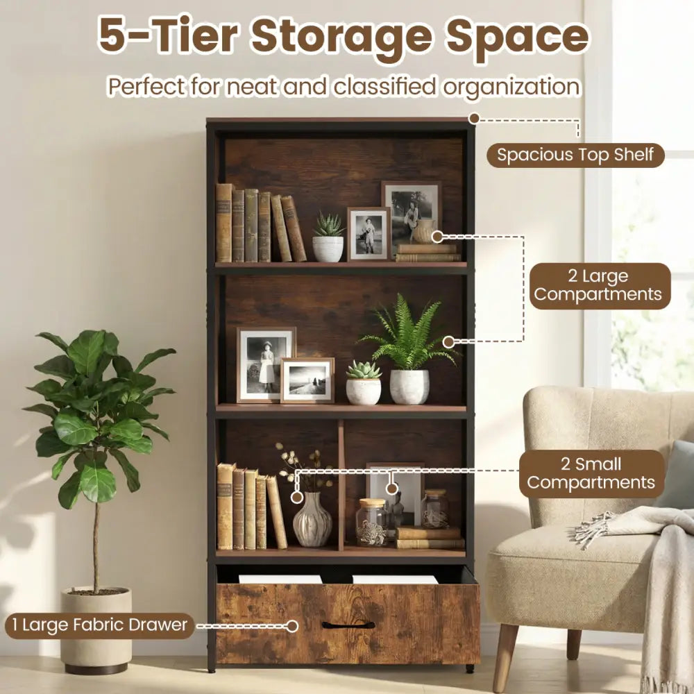 56’’ Tall Freestanding Bookcase with Drawer 5 Tier-RusticBrown - Rustic Brown - Bookcases