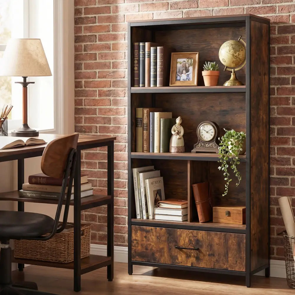56’’ Tall Freestanding Bookcase with Drawer 5 Tier-RusticBrown - Rustic Brown - Bookcases