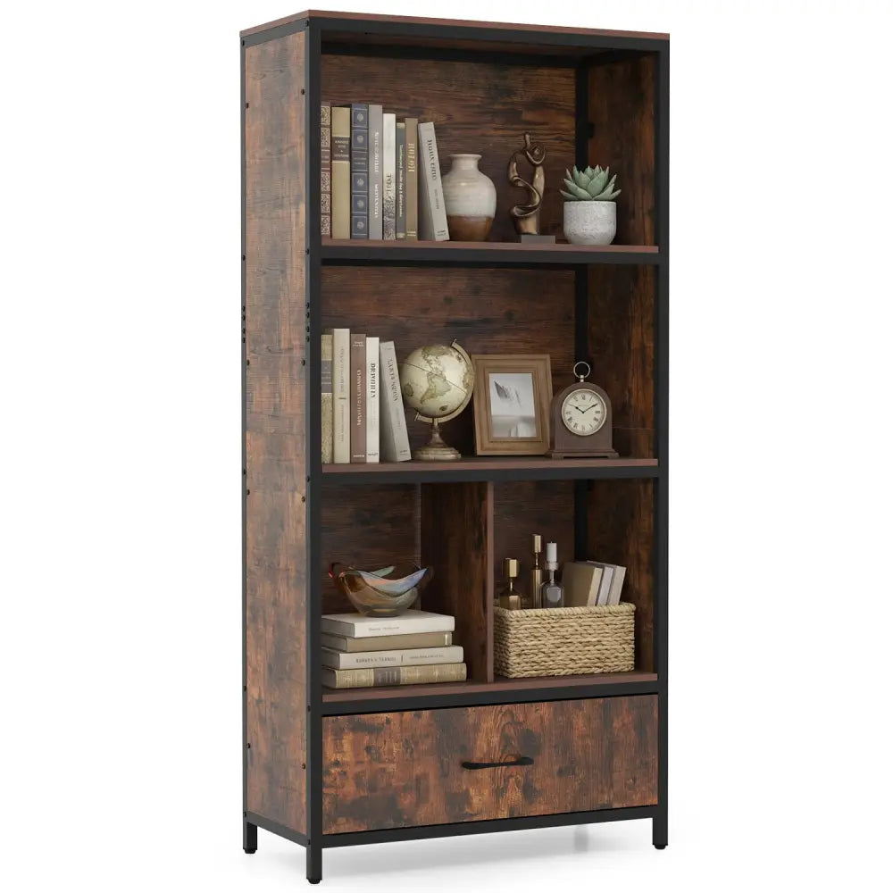 56’’ Tall Freestanding Bookcase with Drawer 5 Tier-RusticBrown - Rustic Brown - Bookcases