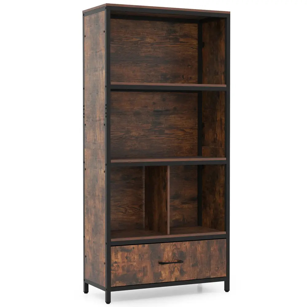 56’’ Tall Freestanding Bookcase with Drawer 5 Tier-RusticBrown - Rustic Brown - Bookcases