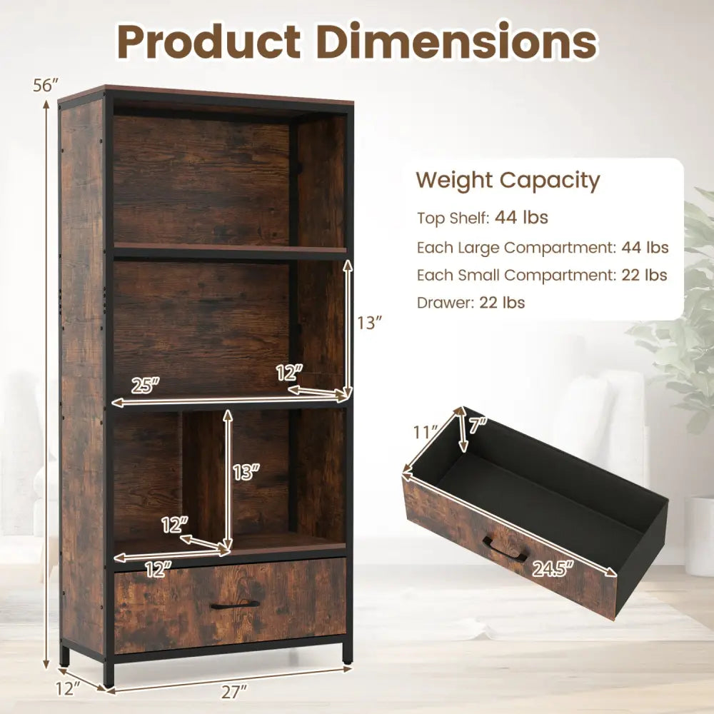 56’’ Tall Freestanding Bookcase with Drawer 5 Tier-RusticBrown - Rustic Brown - Bookcases