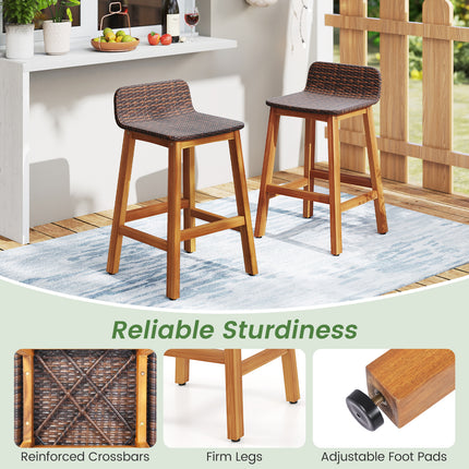 Solid Acacia Wood Bar Stools Set of 2 with Backrests and Footrests for Porch-Brown