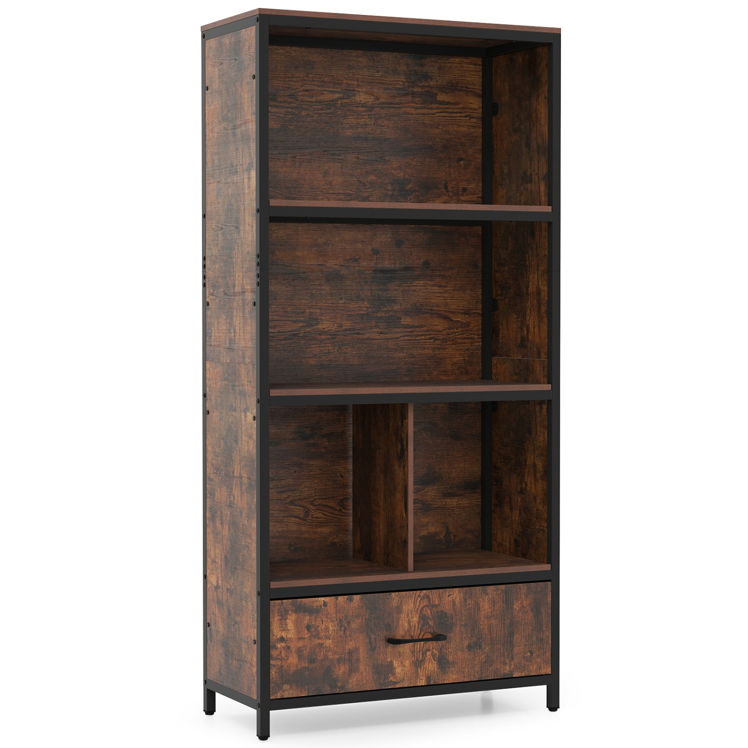 56" Tall Freestanding Bookcase with Drawer 5 Tier-RusticBrown