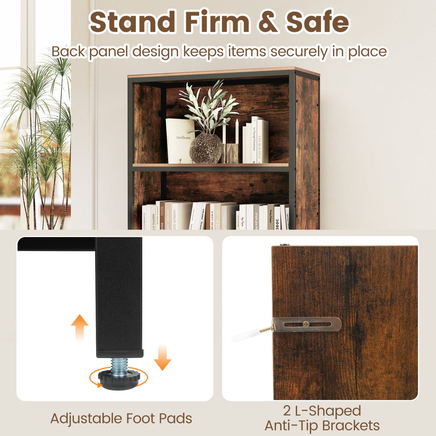 56" Tall Freestanding Bookcase with Drawer 5 Tier-RusticBrown