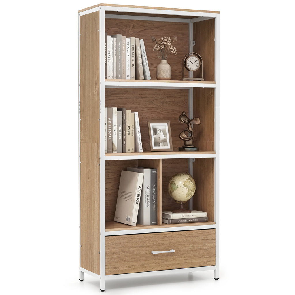 56" Tall Freestanding Bookcase with Drawer 5 Tier-Natural