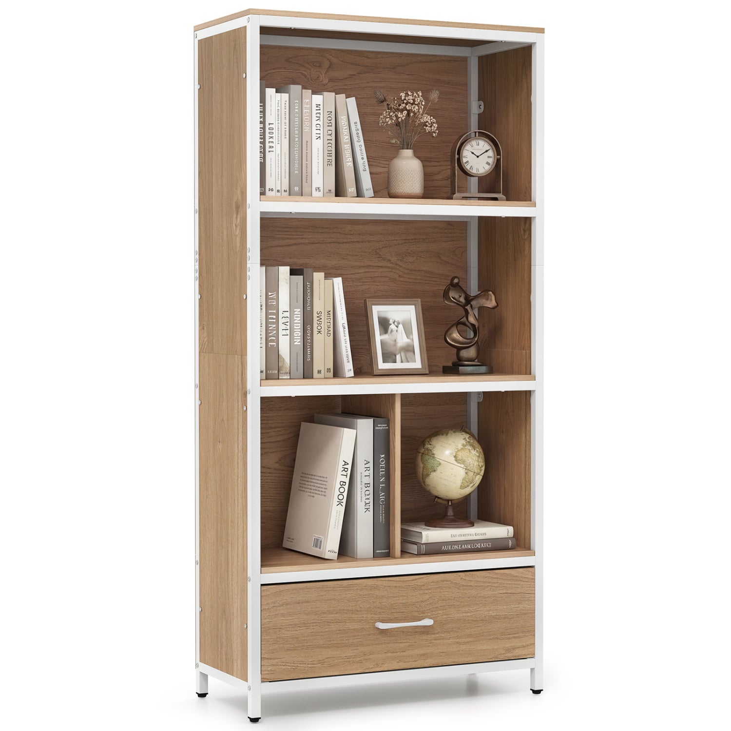 56" Tall Freestanding Bookcase with Drawer 5 Tier-Natural