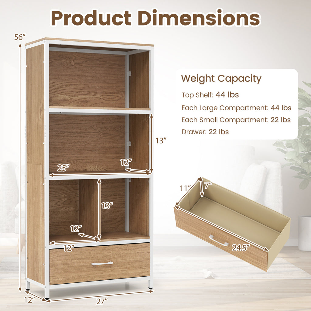 56" Tall Freestanding Bookcase with Drawer 5 Tier-Natural