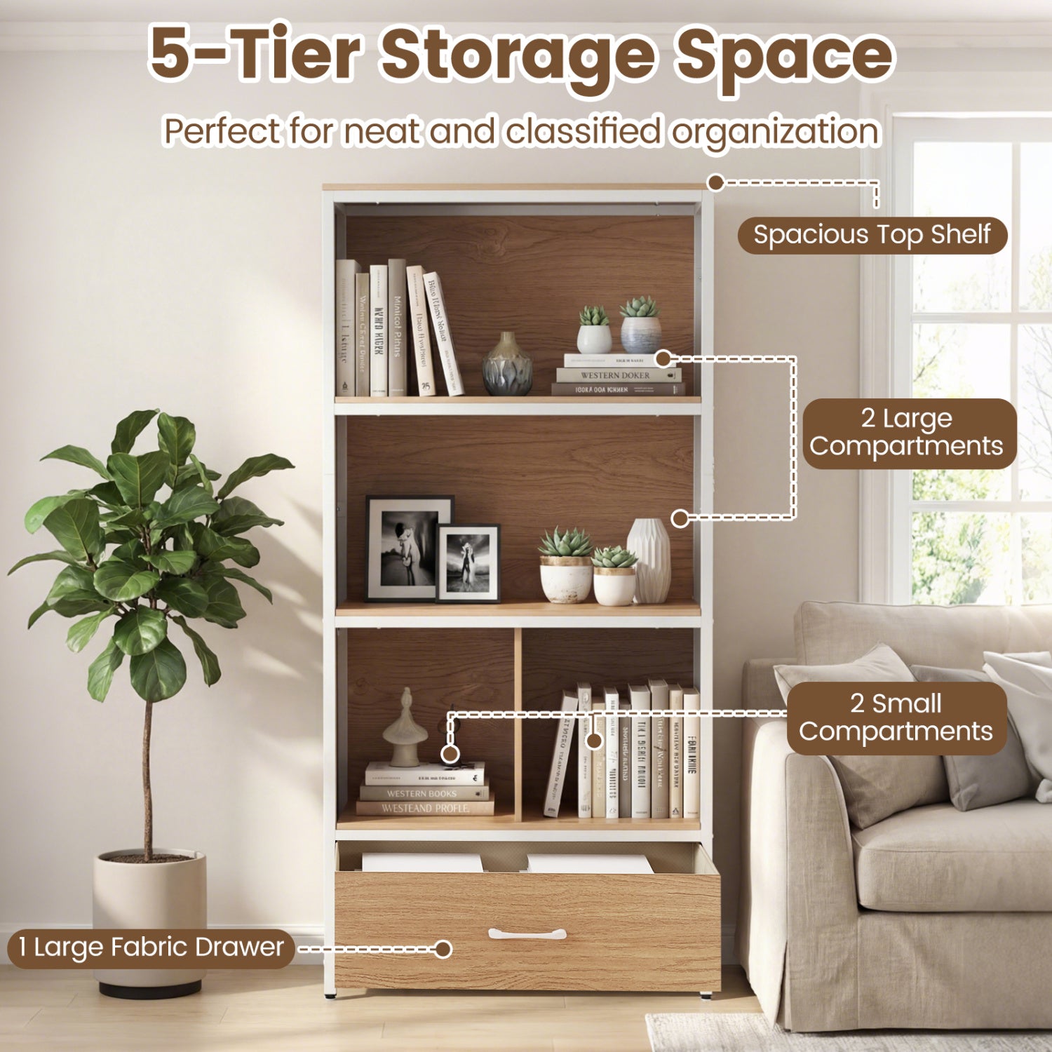 56" Tall Freestanding Bookcase with Drawer 5 Tier-Natural