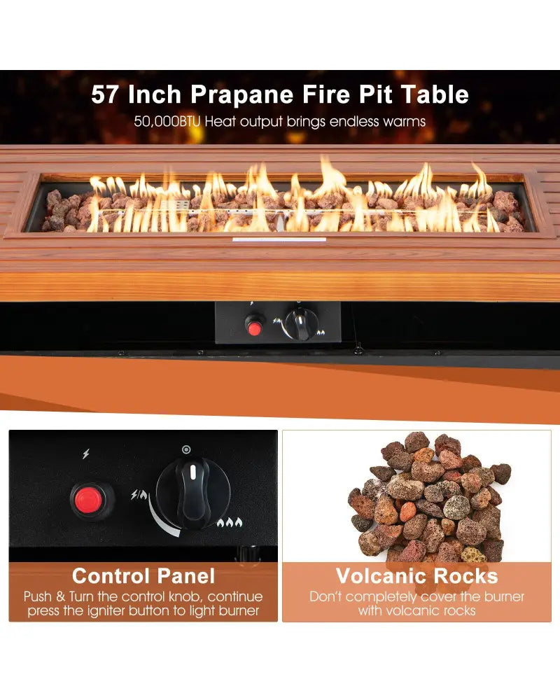 57 Inch 50 000 BTU Rectangular Propane Outdoor Fire Pit Table-Brown - Brown - Fire Pit Tables