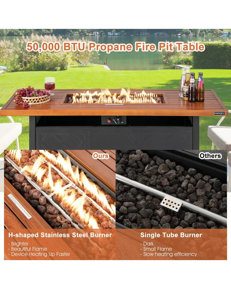 57 Inch 50 000 BTU Rectangular Propane Outdoor Fire Pit Table-Brown - Brown - Fire Pit Tables