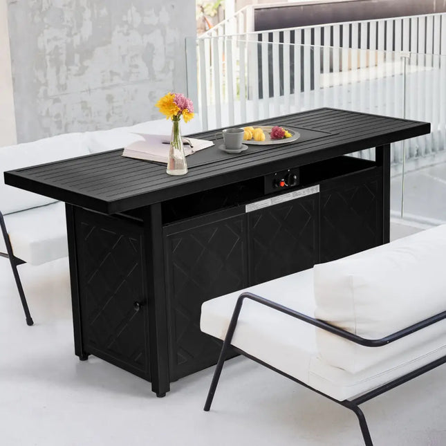 57 Inch 50000 Btu Rectangular Propane Outdoor Fire Pit Table-Black - Black - Fire Pit Tables