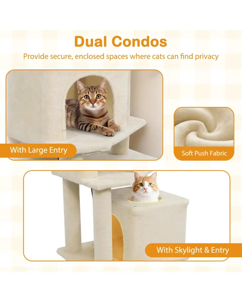 57 Inch Cat Tree with Dual Condos and Hammock and 2 Dangling Balls-Beige - Beige - Cat Trees Condos & Scratchers