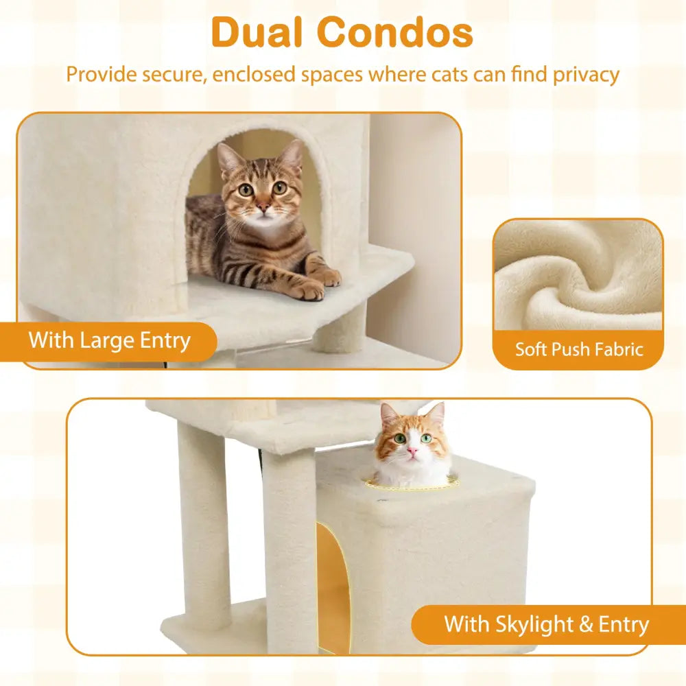 57 Inch Cat Tree with Dual Condos and Hammock and 2 Dangling Balls-Beige - Beige - Cat Trees Condos & Scratchers