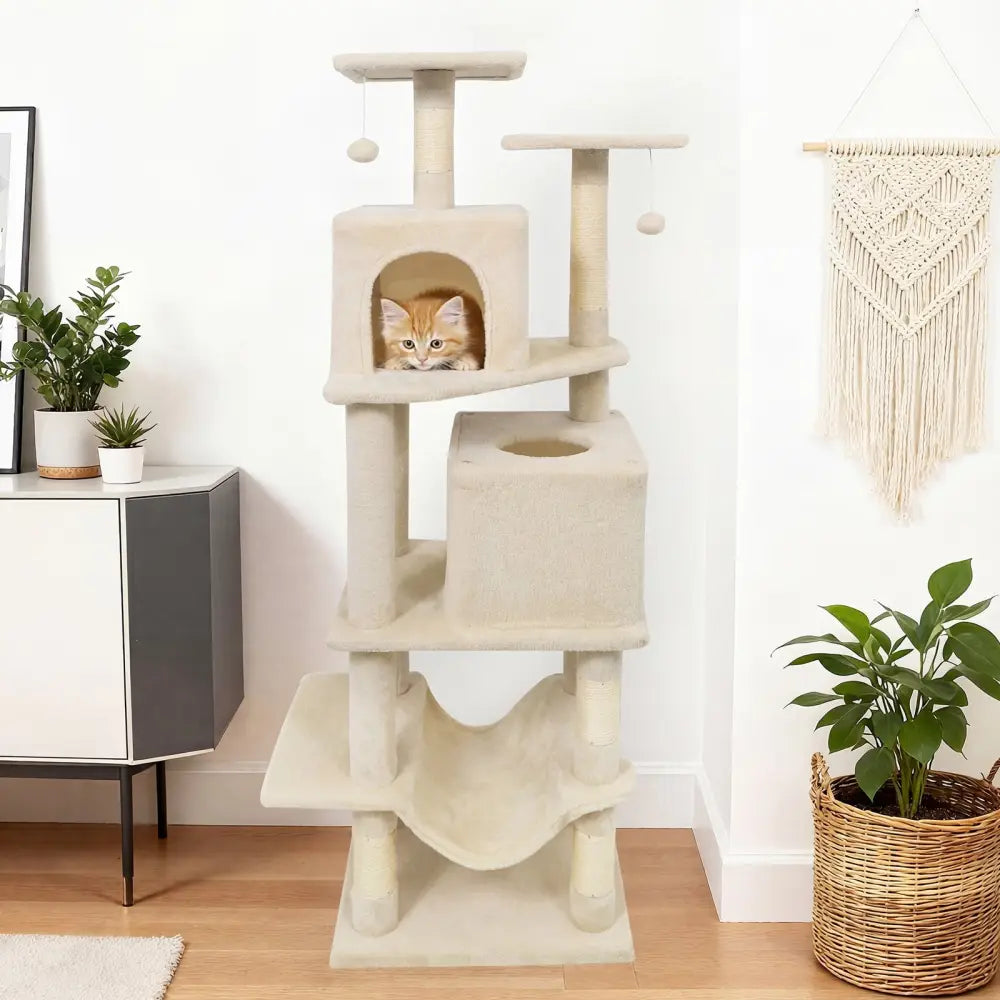 57 Inch Cat Tree with Dual Condos and Hammock and 2 Dangling Balls-Beige - Beige - Cat Trees Condos & Scratchers