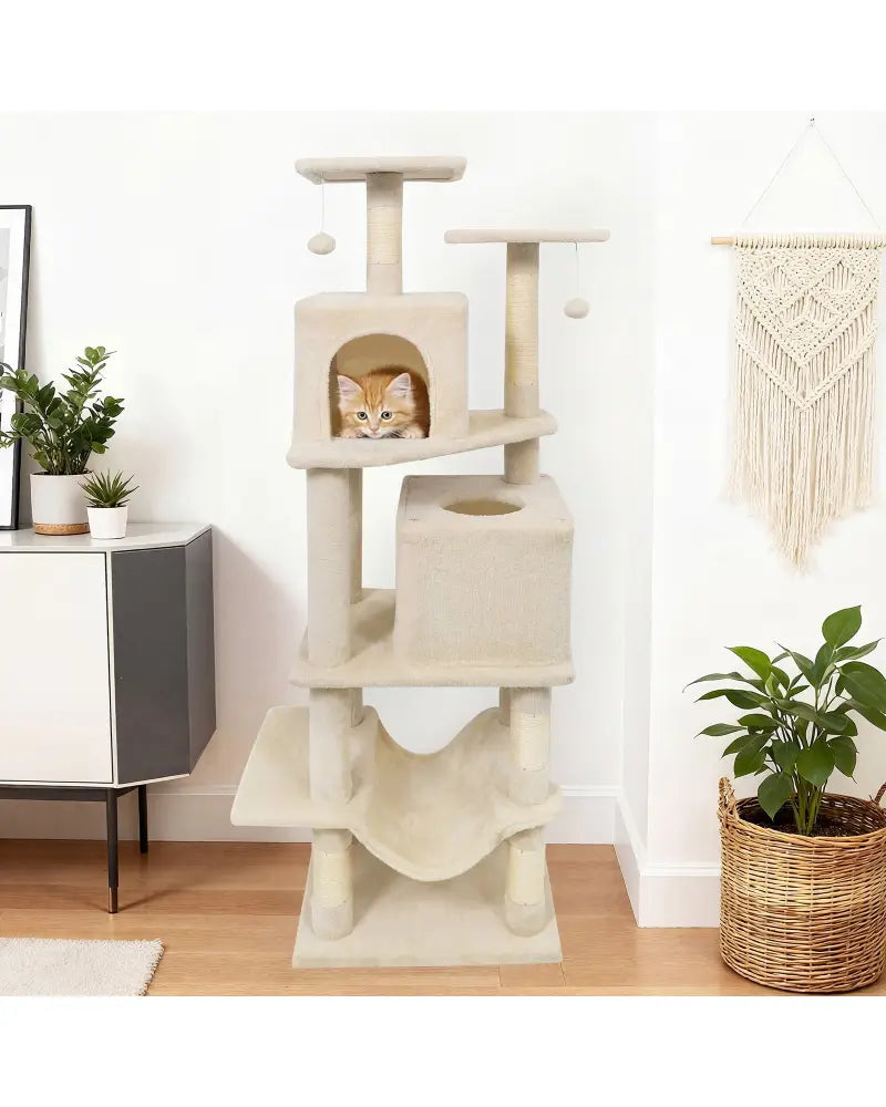 57 Inch Cat Tree with Dual Condos and Hammock and 2 Dangling Balls-Beige - Beige - Cat Trees Condos & Scratchers