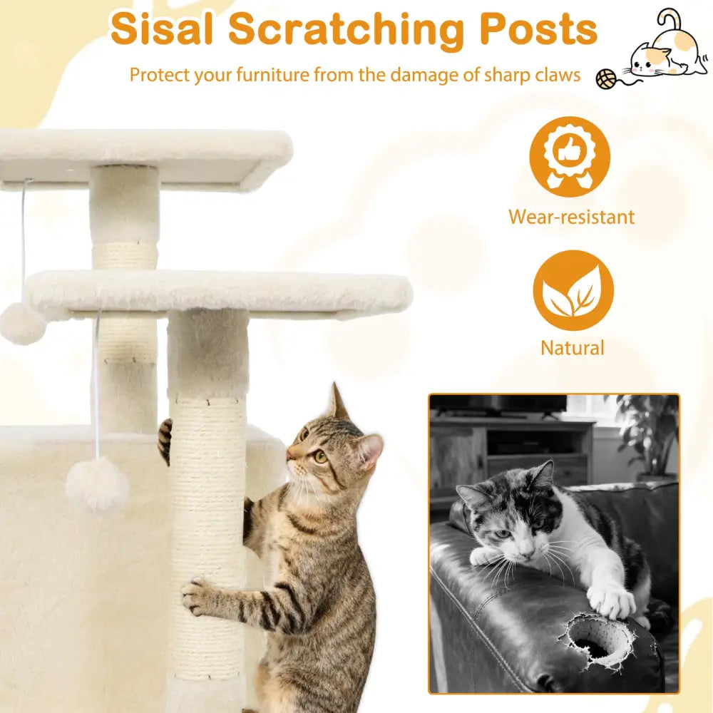 57 Inch Cat Tree with Dual Condos and Hammock and 2 Dangling Balls-Beige - Beige - Cat Trees Condos & Scratchers