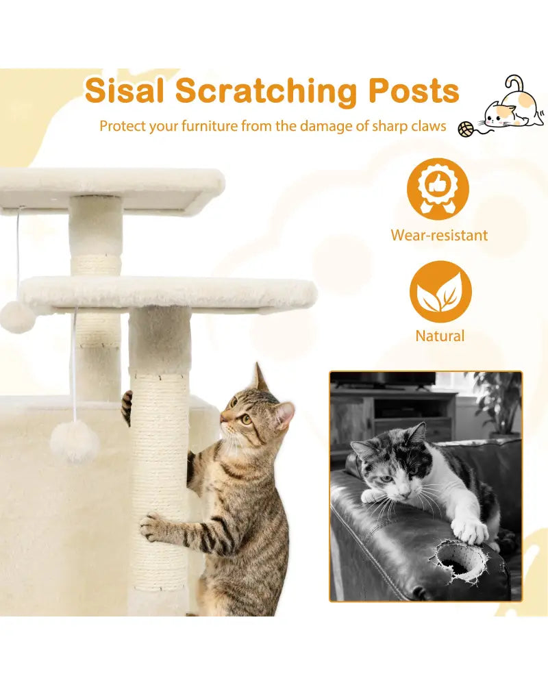 57 Inch Cat Tree with Dual Condos and Hammock and 2 Dangling Balls-Beige - Beige - Cat Trees Condos & Scratchers