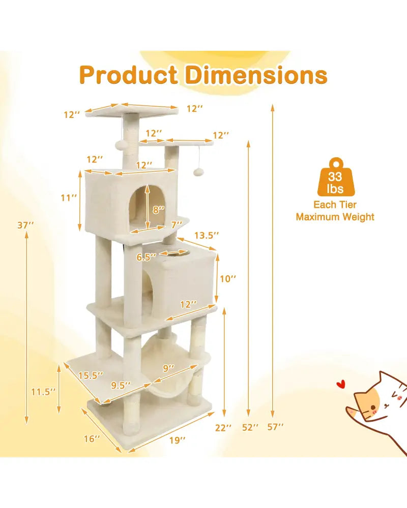 57 Inch Cat Tree with Dual Condos and Hammock and 2 Dangling Balls-Beige - Beige - Cat Trees Condos & Scratchers