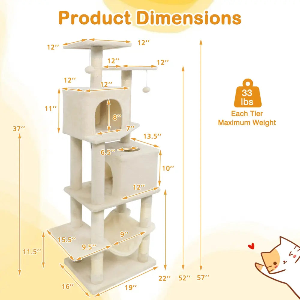 57 Inch Cat Tree with Dual Condos and Hammock and 2 Dangling Balls-Beige - Beige - Cat Trees Condos & Scratchers