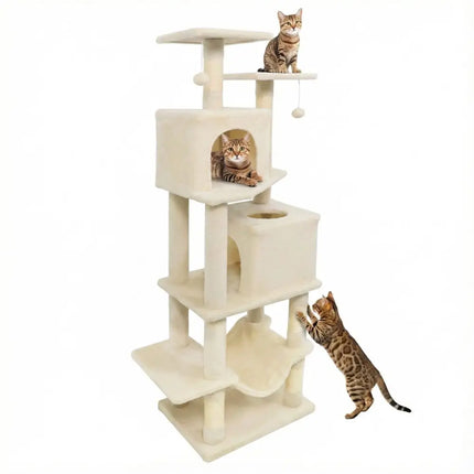 57 Inch Cat Tree with Dual Condos and Hammock and 2 Dangling Balls - Beige - Oasis Home Essentials