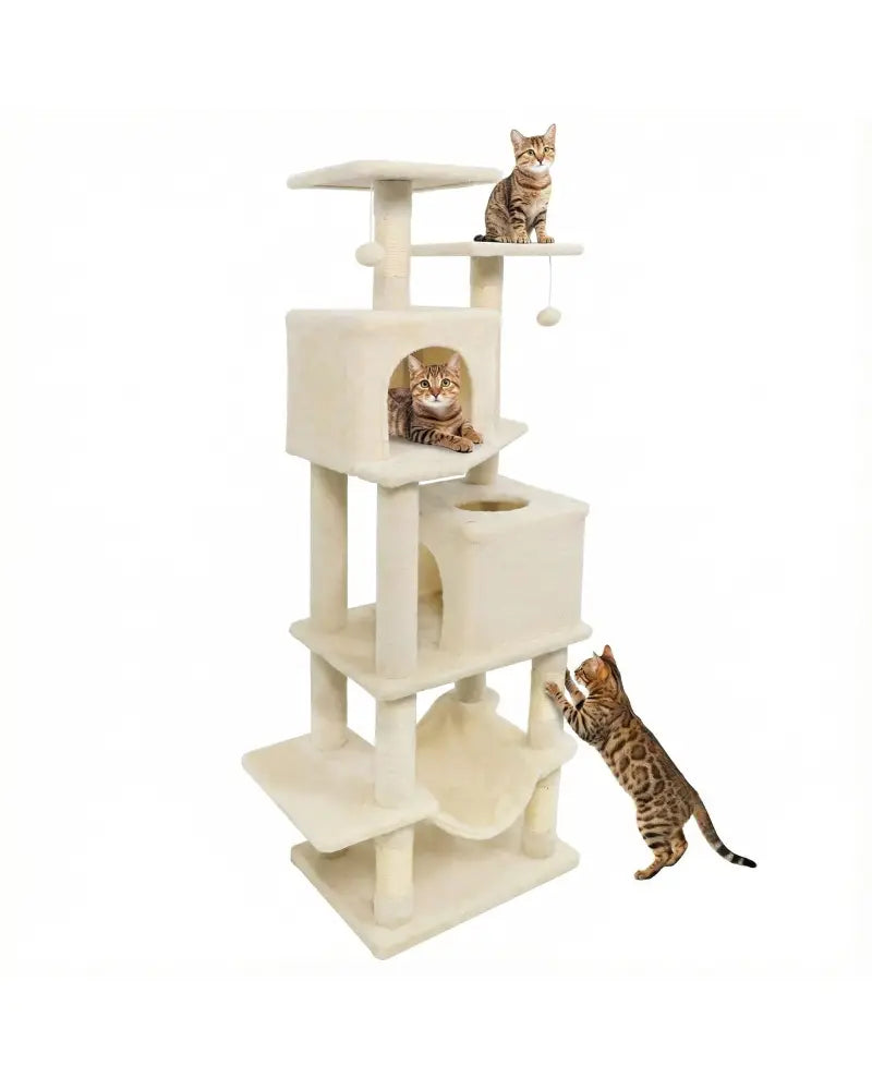 57 Inch Cat Tree with Dual Condos and Hammock and 2 Dangling Balls-Beige - Beige - Cat Trees Condos & Scratchers