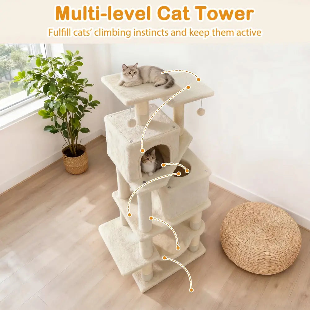 57 Inch Cat Tree with Dual Condos and Hammock and 2 Dangling Balls-Beige - Beige - Cat Trees Condos & Scratchers