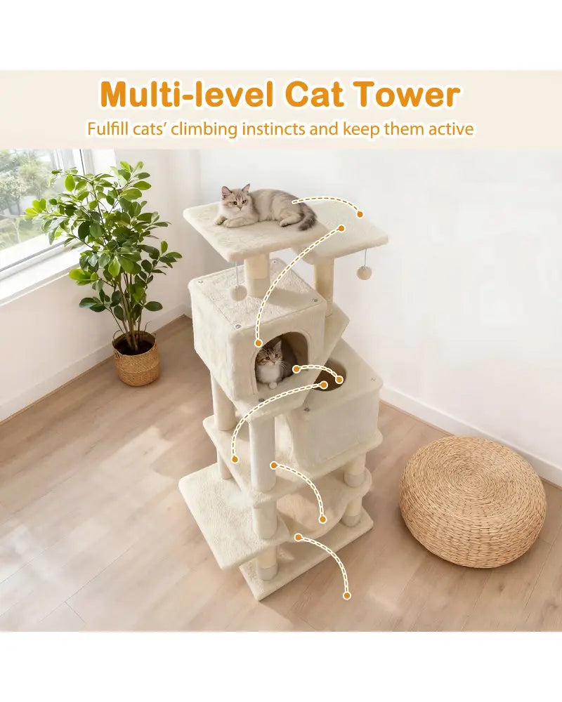 57 Inch Cat Tree with Dual Condos and Hammock and 2 Dangling Balls-Beige - Beige - Cat Trees Condos & Scratchers