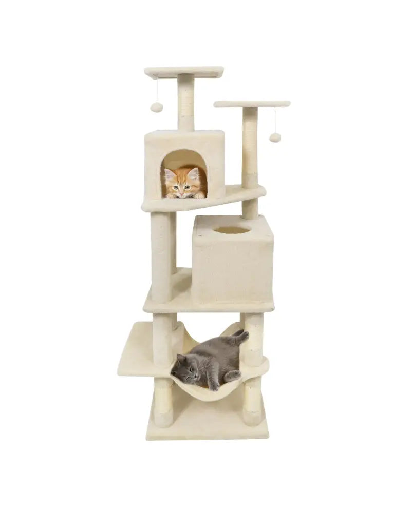 57 Inch Cat Tree with Dual Condos and Hammock and 2 Dangling Balls-Beige - Beige - Cat Trees Condos & Scratchers