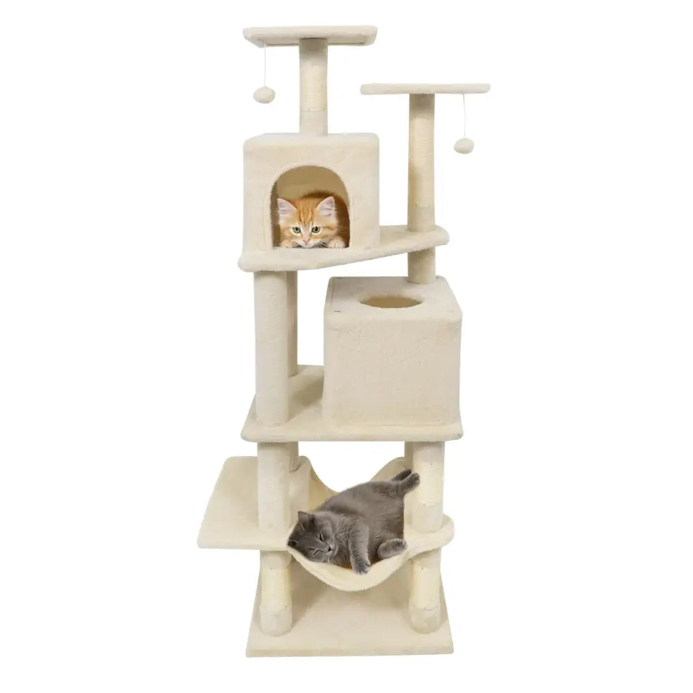57 Inch Cat Tree with Dual Condos and Hammock and 2 Dangling Balls-Beige - Beige - Cat Trees Condos & Scratchers