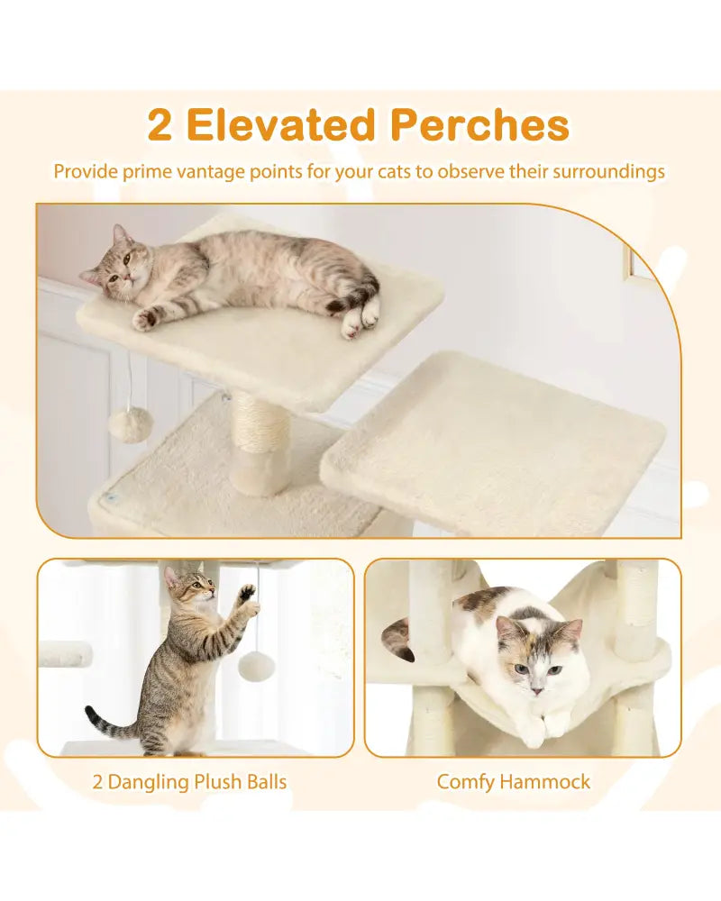57 Inch Cat Tree with Dual Condos and Hammock and 2 Dangling Balls-Beige - Beige - Cat Trees Condos & Scratchers