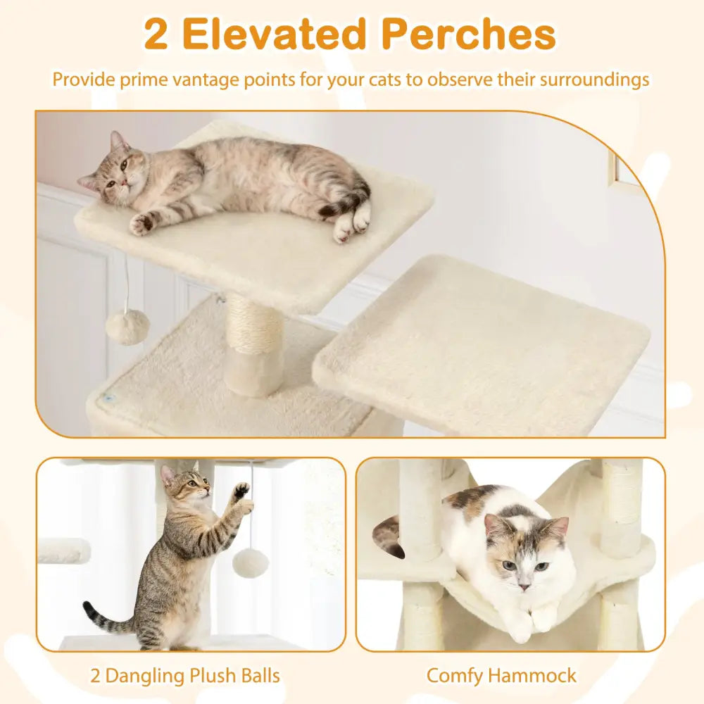 57 Inch Cat Tree with Dual Condos and Hammock and 2 Dangling Balls-Beige - Beige - Cat Trees Condos & Scratchers