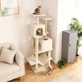 57 Inch Cat Tree with Dual Condos and Hammock and 2 Dangling Balls-Beige - Beige - Cat Trees Condos & Scratchers