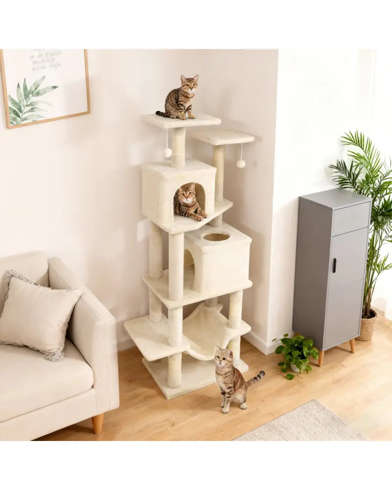 57 Inch Cat Tree with Dual Condos and Hammock and 2 Dangling Balls-Beige - Beige - Cat Trees Condos & Scratchers
