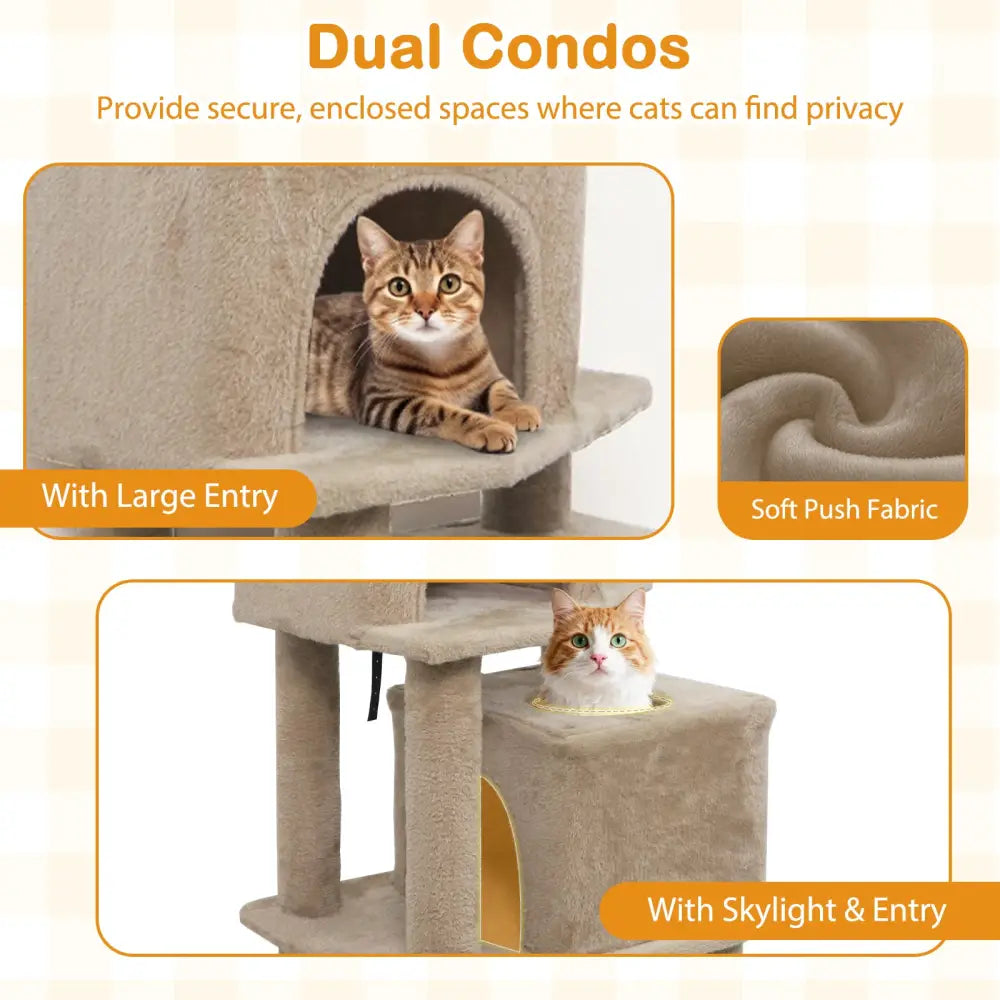 57 Inch Cat Tree with Dual Condos and Hammock and 2 Dangling Balls-Coffee - Coffee - Cat Trees Condos & Scratchers