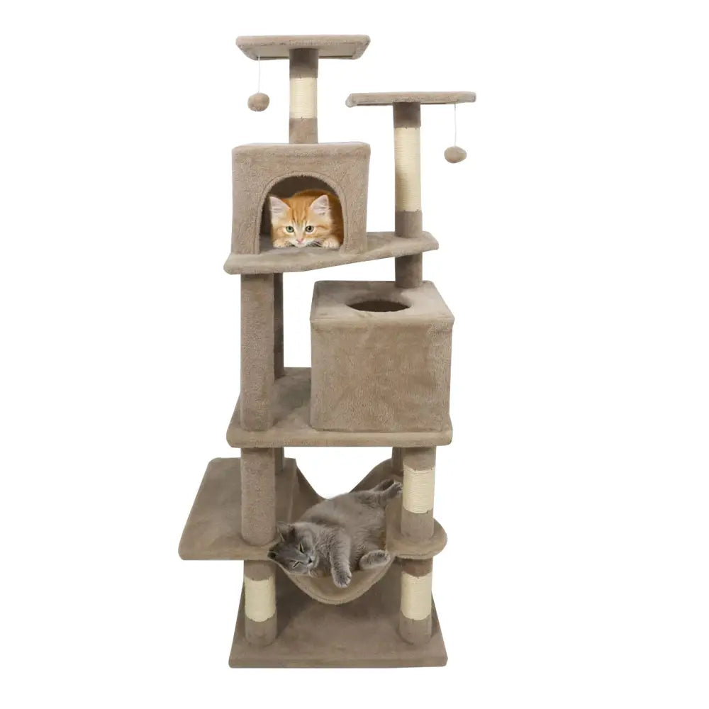 57 Inch Cat Tree with Dual Condos and Hammock and 2 Dangling Balls-Coffee - Coffee - Cat Trees Condos & Scratchers