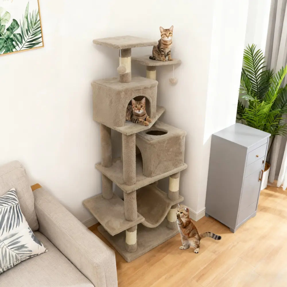 57 Inch Cat Tree with Dual Condos and Hammock and 2 Dangling Balls-Coffee - Coffee - Cat Trees Condos & Scratchers