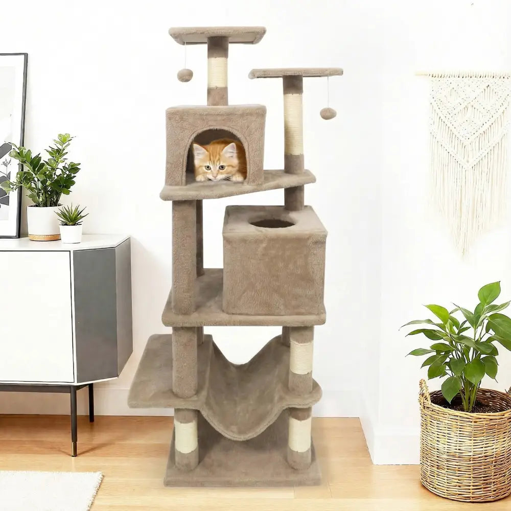 57 Inch Cat Tree with Dual Condos and Hammock and 2 Dangling Balls-Coffee - Coffee - Cat Trees Condos & Scratchers