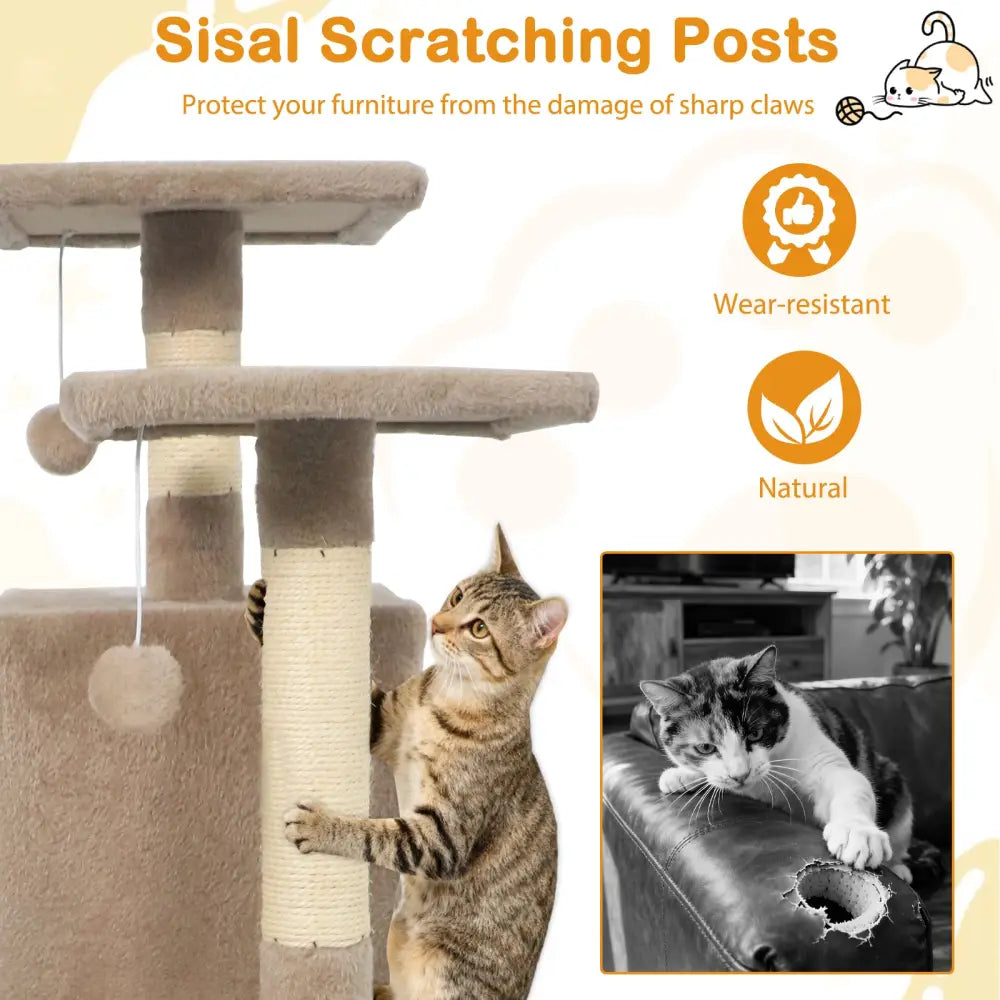 57 Inch Cat Tree with Dual Condos and Hammock and 2 Dangling Balls-Coffee - Coffee - Cat Trees Condos & Scratchers