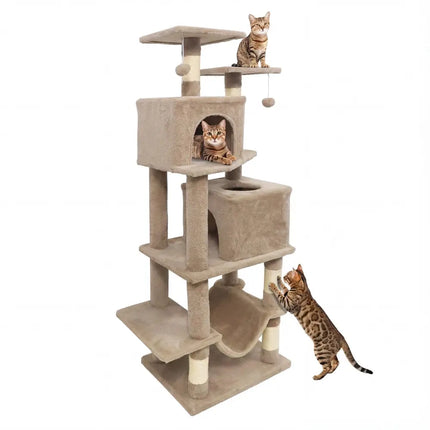 57 Inch Cat Tree with Dual Condos and Hammock and 2 Dangling Balls - Coffee - Oasis Home Essentials