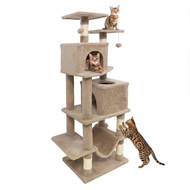 57 Inch Cat Tree with Dual Condos and Hammock and 2 Dangling Balls - Coffee - Oasis Home Essentials
