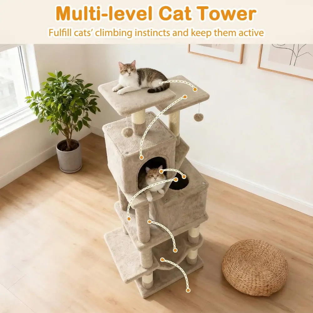 57 Inch Cat Tree with Dual Condos and Hammock and 2 Dangling Balls-Coffee - Coffee - Cat Trees Condos & Scratchers