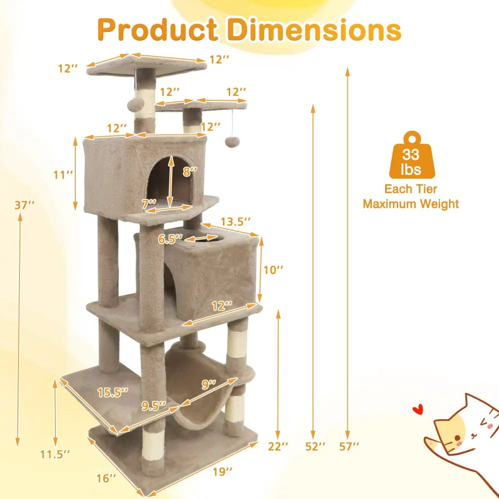 57 Inch Cat Tree with Dual Condos and Hammock and 2 Dangling Balls-Coffee - Coffee - Cat Trees Condos & Scratchers
