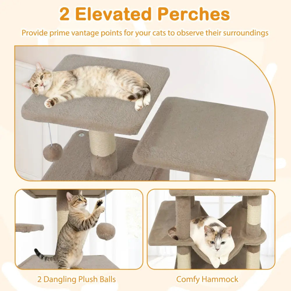 57 Inch Cat Tree with Dual Condos and Hammock and 2 Dangling Balls-Coffee - Coffee - Cat Trees Condos & Scratchers