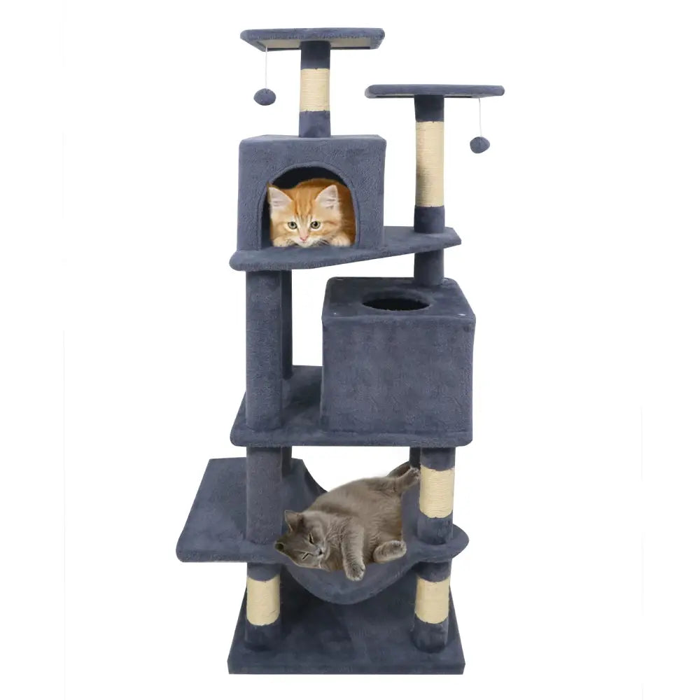 57 Inch Cat Tree with Dual Condos and Hammock and 2 Dangling Balls-Gray - Gray - Cat Trees Condos & Scratchers