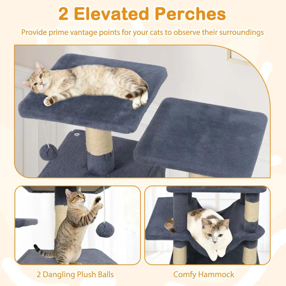 57 Inch Cat Tree with Dual Condos and Hammock and 2 Dangling Balls-Gray - Gray - Cat Trees Condos & Scratchers