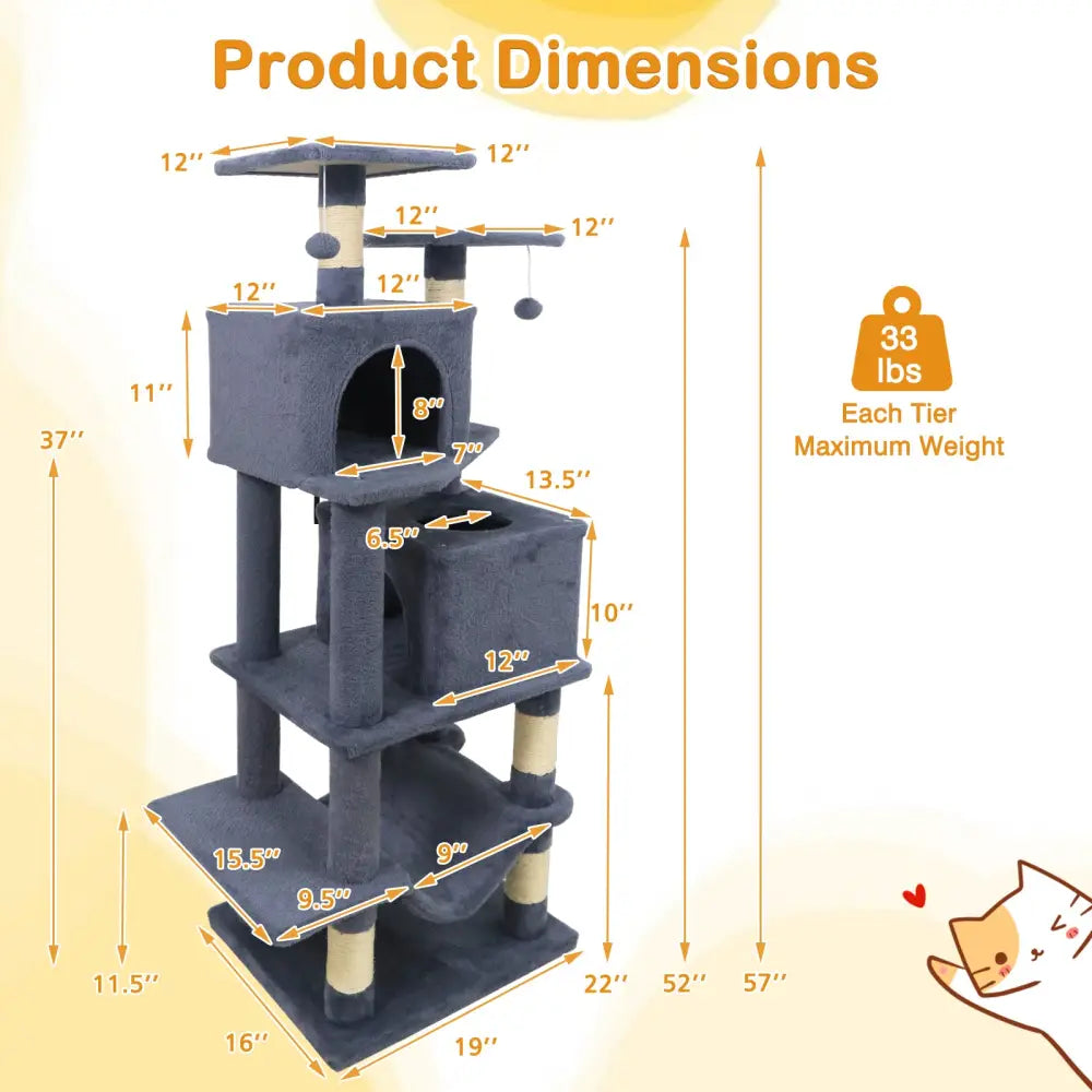 57 Inch Cat Tree with Dual Condos and Hammock and 2 Dangling Balls-Gray - Gray - Cat Trees Condos & Scratchers
