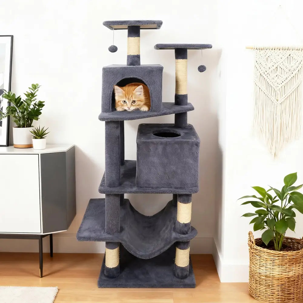 57 Inch Cat Tree with Dual Condos and Hammock and 2 Dangling Balls-Gray - Gray - Cat Trees Condos & Scratchers