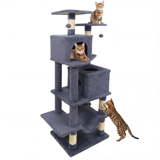 57 Inch Cat Tree with Dual Condos and Hammock and 2 Dangling Balls-Gray - Gray - Cat Trees Condos & Scratchers